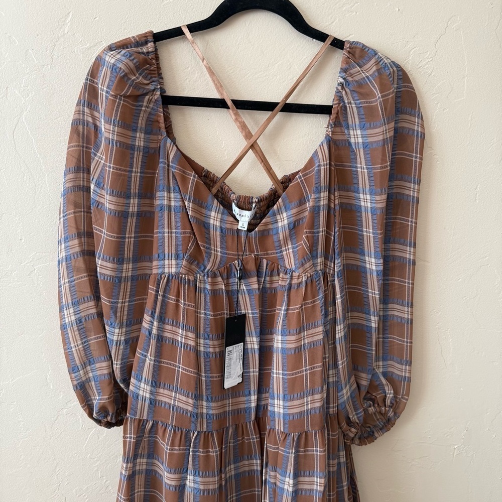 Brown Blue Plaid Babydoll Mini Dress Coquette Gianni Bini NWT S - Picture 8 of 9